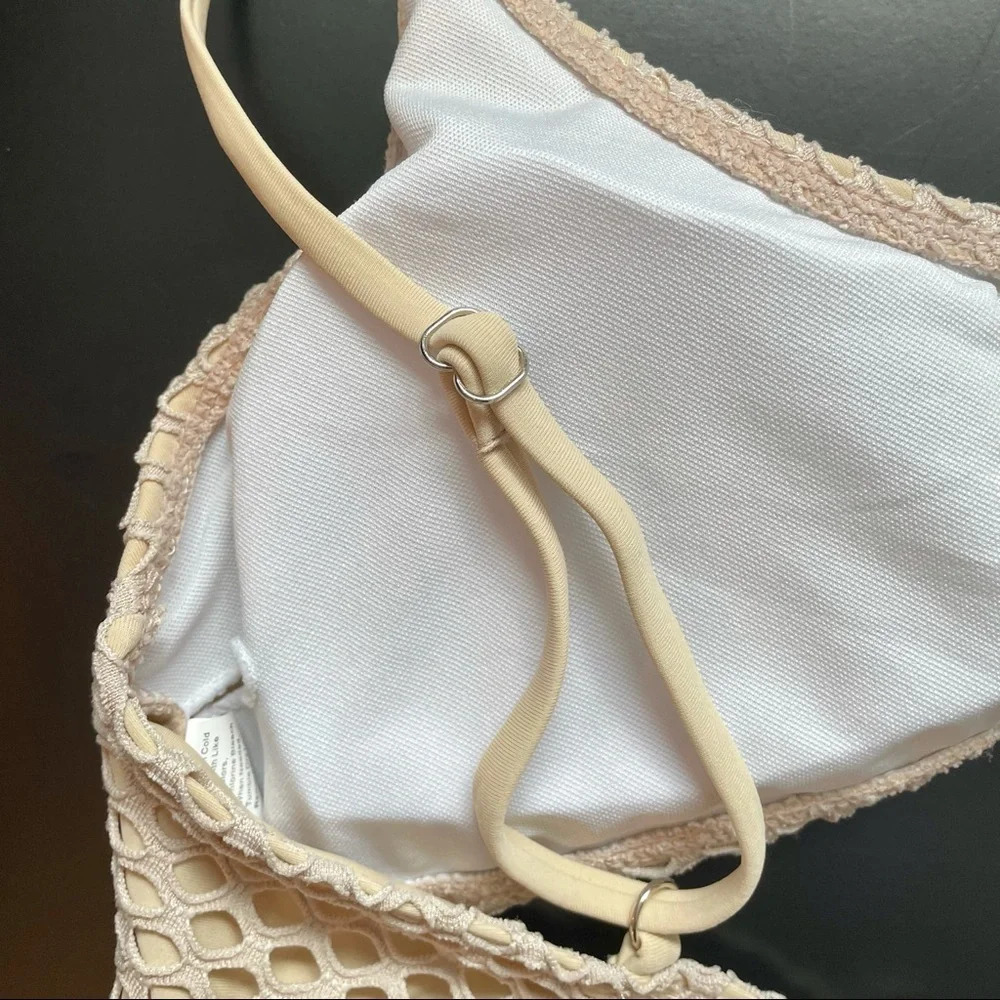 Nude Fishnet Bikini Cheeky High Leg Bottoms Criss Cross Top Size Large - Picture 7 of 14